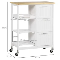 HOMCOM Carrinho de Cozinha com Rodas Carrinho de Serviço com 3 Gavetas 3 Prateleiras Abertas e Bandeja Removível para Sala de Jantar Carga Máxima 40kg 67x37x84cm Branco(m-3)
