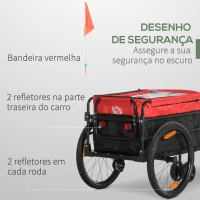HOMCOM Reboque de Bicicleta para Carga 40kg Carrinho de Transporte com Bandeira Guiador Desmontável Estrutura de Aço e Refletores 130x64x103cm Preto e Vermelho(m-5)
