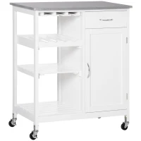 HOMCOM Carrinho de Cozinha com Rodas 1 Gaveta Prateleiras Suporte para 4 Garrafas e Armário Carga 40kg 76x48x88cm Branco e Cinza(m-9)