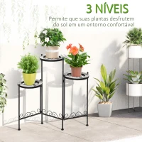 Outsunny Suporte de Metal para Plantas Dobrável Suporte para Flores com 3 Prateleiras com Bordas de Azulejo para Decoração de Interiores e Exteriores 60x22x65cm Preto(m-4)