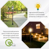 Outsunny Conjunto de Candeeiros Solares de Jardim com Luzes LED Branca 3500K Impermeável IP44 Sensor de Noite 2 Candeeiros de Exterior para Terraço Pátio 18,5x18,5x129cm Preto(m-7)