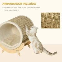 PawHut Cama Elevada para Gatos Caverna para Gatos Tipo Barril com Superfície para Arranhar e Almofada 41x38x43cm Madeira(m-4)