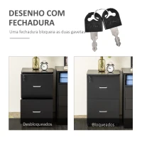 Vinsetto Bloco de Gavetas de Escritório Móvel Auxiliar para Arquivos com 2 Gavetas Fechadura 2 Chaves 5 Rodas e 2 Freios para Estúdio Escritório Dormitório 43x45x72cm Preto(m-4)