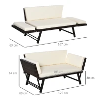 Outsunny Canapé lit de jardin extensible 3 places grand confort 4 coussins écru inclus résine tressée imitation rotin chocolat(m-3)