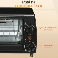 HOMCOM Mini Forno Elétrico 10 Litros 750W com Temperatura até 230°C Temporizador 60 Minutos Bandeja e Grade 36,5x26x22cm Preto(m-7)