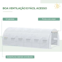 Outsunny Estufa Tipo Túnel de Jardim 6x3x2m com Porta Enrolável 12 Janelas Cobertura de PE 140g/m² e Metal Galvanizado para Cultivos de Plantas Verduras Branco(m-5)