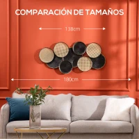 HOMCOM Decoración de Pared de Metal 3D Diseño de Círculos Adorno de Pared Metálico para Salón 100x48 cm Negro y Marrón(m-7)