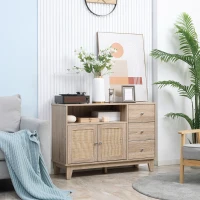 HOMCOM Aparador de Cozinha com 2 Portas de Vime 3 Gavetas e Prateleira Aberta Móvel Buffet Auxiliar 110x40x76cm Carvalho(m-10)