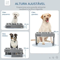PawHut Comedouro Elevado para Cães com 2 Tigelas Desmontáveis de 1200ml e Altura Ajustável de 3 Níveis Comedouro para Animais de Estimação com Tigelas de Aço Inoxidável 44x27,7x28cm Cinza(m-4)