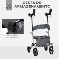HOMCOM Andador para Idosos Dobrável de Alumínio com Altura Ajustável Assento 4 Rodas Freios Manuais Apoio para os Braços e Bolsa para Pessoas Maiores 73x64x106-136cm Cinza(m-6)