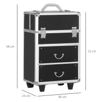 HOMCOM Mala de Maquilhagem Professional com Rodas 6 Gavetas Extensíveis Fechadura 2 Chaves e Alça Retrátil 36x23x58cm Preto(m-3)