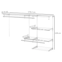 HOMCOM Set Appendiabiti a Muro con 5 Mensole e 3 Barre per Cabina Armadio Salvaspazio, Bianco(m-3)