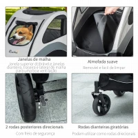 PawHut Carrinho para Animais de Estimação Dobrável com 5 Janelas Transpiráveis 2 Portas Bolso de Armazenamento Cinto de Segurança e Freios Tecido Oxford 107x67x102cm Cinza(m-7)
