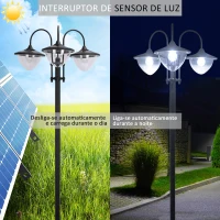 Outsunny Candeeiro Solar de Jardim com 18 Luzes LED Branco Frio 6000K Impermeável IP44 Sensor de Noite e Base em Forma de Floreira Candeeiro de Exterior para Terraço Pátio 60x55x189cm Preto(m-5)