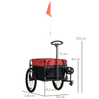 HOMCOM Reboque de Bicicleta para Carga 40kg Carrinho de Transporte com Bandeira Guiador Desmontável Estrutura de Aço e Refletores 130x64x103cm Preto e Vermelho(m-3)