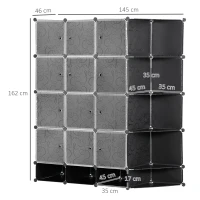 HOMCOM Armário Modular de Plástico Armário Portátil com 16 Cubos e 2 Barras Organizador de Sapatos Roupas Brinquedos para Entrada Corredor Dormitório 145x46x162cm Preto e Branco(m-3)