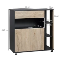 HOMCOM Mobilier Auxiliar de Bucătărie Multifuncțional din lemn cu Roți, 80x39x86.5cm(m-3)