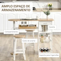 HOMCOM Conjunto de Mesa com 1 Gaveta 2 Prateleiras Cesta Removível e Suporte para Garrafas 119x38,5x88,5cm e 2 Bancos 29x29x55cm Branco(m-4)