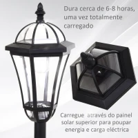 Outsunny Conjunto de Candeeiros Solares de Jardim com Luzes LED Branca 3500K Impermeável IP44 Sensor de Noite 2 Candeeiros de Exterior para Terraço Pátio 18,5x18,5x129cm Preto(m-5)