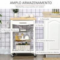 HOMCOM Carrinho de Cozinha com Rodas 1 Gaveta 2 Cestas Removíveis Prateleira Inferior Pendurar Carga 22,7kg 63x40x86cm Branco(m-4)