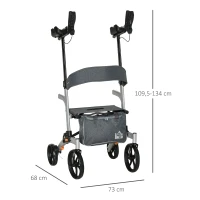 HOMCOM Andador para Idosos Dobrável de Alumínio com Altura Ajustável Assento 4 Rodas Freios Manuais Apoio para os Braços e Bolsa para Pessoas Maiores 73x64x106-136cm Cinza(m-3)