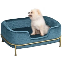 PawHut Sofá para Animais de Estimação em Veludo Cama para Cães e Gatos Pequenos com Almofada Suave Lavável Base de Metal e Bordas Elevadas 63,5x43x24,5cm Azul(m-11)