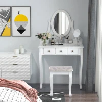 HOMCOM Dressing Table Vanity Set Vintage Desk Stool Mirror Makeup Furniture Shabby Chic Style Jewelry Cosmetic Storage 5 Drawers - White(m-2)
