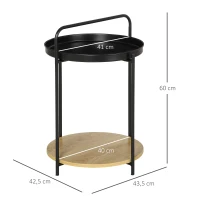 HOMCOM Mesa de Apoio Moderna com Prateleira de Madeira e Bandeja Removível Alça Portátil 43,5x42,5x60cm Preto e Madeira(m-3)