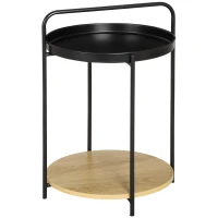 HOMCOM Mesa de Apoio Moderna com Prateleira de Madeira e Bandeja Removível Alça Portátil 43,5x42,5x60cm Preto e Madeira(m-10)