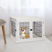 PawHut Gaiola para Cães de Madeira com Superfície de Mesa 2 Portas e Grades de Metal 81x58,5x66cm Branco(m-10)