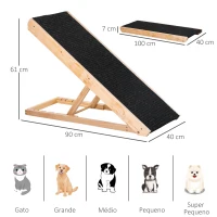 PawHut Rampa Dobrável para Cães e Gatos de Madeira com Altura Ajustável de 4 Níveis e Tapete Antiderrapante Escada para Animais de estimação para Cama Sofá 90x40x61cm Natural e Preto(m-3)