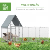 PawHut Galinheiro de Exterior Grande 302x107x172cm com Teto de Tecido de Oxford Gaiola de Aço Galvanizado para Galinhas Coelhos com Fechadura Prata(m-5)