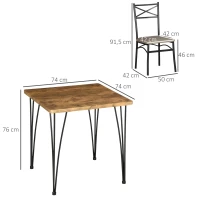 HOMCOM Conjunto de Sala de Jantar 3 Peças Conjunto 1 Mesa 74x74x76cm e 2 Cadeiras 42x50x91,5cm com Pés de Aço Estilo Moderno para Cozinha Marrom e Preto(m-3)