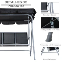 Outsunny Baloiço Jardim de 3 Lugares com Toldo Ajustável Encosto Respirável e Estrutura de Metal para Terraço Balcão Exterior Carga 200kg 171x108x154cm Preto(m-6)