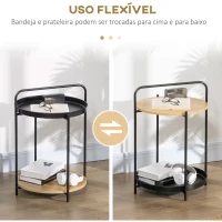 HOMCOM Mesa de Apoio Moderna com Prateleira de Madeira e Bandeja Removível Alça Portátil 43,5x42,5x60cm Preto e Madeira(m-6)