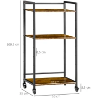 HOMCOM Estante Multifuncional com Rodas Estante de Armazenamento de 3 Níveis com Prateleiras Ajustáveis para Escritório Estúdio Dormitório 50x35x100,5cm Marrom Rústico(m-3)