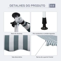 Outsunny Toldo Manual Retrátil para Exterior 300x150x170-280cm Toldo Enrolável Altura Ajustável com Manivela Proteção Solar para Terraço Balcão Jardim Verde(m-5)