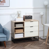 HOMCOM Dulap de depozitare modern , dulap decorativ cu 3 sertare, rafturi deschise pentru camera de zi, dormitor, biroul de acasa, natural si alb crem(m-10)