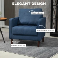 HOMCOM Scaun modern tapitat , fotoliu din lemn natural, scaun de sufragerie cu picioare din lemn de cauciuc si captuseala groasa, albastru(m-4)