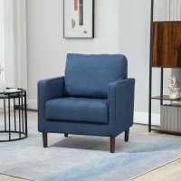 HOMCOM Scaun modern tapitat , fotoliu din lemn natural, scaun de sufragerie cu picioare din lemn de cauciuc si captuseala groasa, albastru(m-10)
