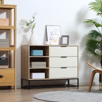 HOMCOM Dulap de depozitare modern , dulap decorativ cu 3 sertare, rafturi deschise pentru camera de zi, dormitor, biroul de acasa, natural si alb crem(m-2)