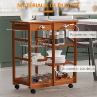 HOMCOM Chariot de Service Cuisine Desserte à roulettes Multi-rangements tiroirs paniers étagères Range Bouteilles Bois de pin(m-6)