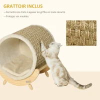 PawHut Maison niche pour chat sur pieds avec coussin amovible et griffoir - bois de pin - naturel(m-4)