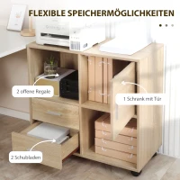 HOMCOM Druckerständer 2 Schubladen 1 Schrank 4 Rollen 80 cm × 38,5 cm × 74,5 cm Natur(m-5)