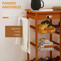 HOMCOM Chariot de Service Cuisine Desserte à roulettes Multi-rangements tiroirs paniers étagères Range Bouteilles Bois de pin(m-7)