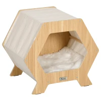 PawHut Casa moderna pentru pisici , pat inaltat pentru pisici, adapost pentru pisici de interior, cu perna moale, instalare usoara, 49,5 x 38,5 x 43,5 cm, stejar(m-1)