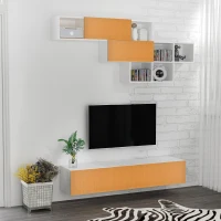 HOMCOM Dulap TV modern cu dulap de perete, centru de divertisment cu rafturi de depozitare pe perete pentru living dormitor, alb si maro deschis(m-2)