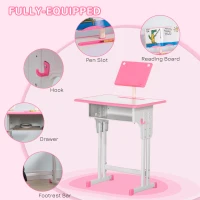 HOMCOM Kids Adjustable Desk and Chair Set, Book Stand, Pen Slot - Pink(m-5)