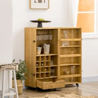 HOMCOM Dulap de vinuri rulant pentru 14 sticle, bufet de bucatarie pe roti cu usa, sertar, rafturi deschise pentru sufragerie, bar de casa, maro inchis(m-1)