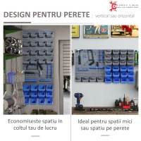 DURHAND 44 de piese, montat pe perete, set de suport pentru unelte, cu cosuri de depozitare de diferite dimensiuni, panou de perete si carlige, albastru(m-3)